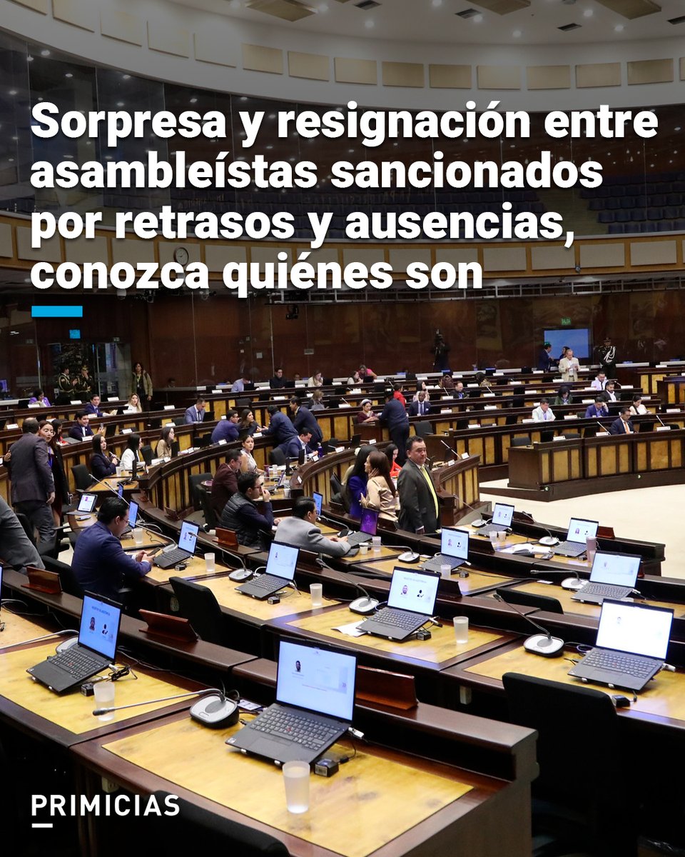 Las multas serán aplicadas a 27 asambleístas y de diferentes agrupaciones políticas. La medida se extenderá a las comisiones legislativas.  prim.ec/i8JL50W4mAV