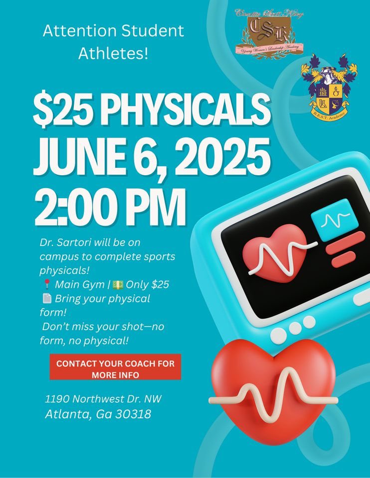 🦅📋 Hey Eagles!
Sports physicals are THIS FRIDAY in the Main Gym!

⏰ Don’t miss your chance to get cleared for the 2025-26 season.
Let’s soar into the new season ready! 💪

#CSKEagles #EagleStrong #StudentAthleteReady
