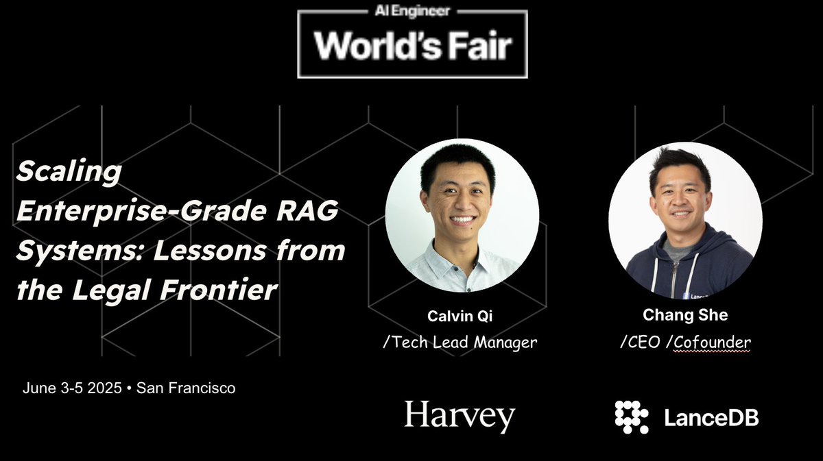 We are honored to be back on the stage again at <a href="/aiDotEngineer/">AI Engineer</a> World's Fair with our customer <a href="/harvey__ai/">Harvey</a>  to co-present what we've learned while building out an enterprise-grade RAG system. 
Thank you Calvin for sharing the stage with <a href="/changhiskhan/">changhiskhan</a>.
⏳ June 5, 11:35AM 
📍 Golden