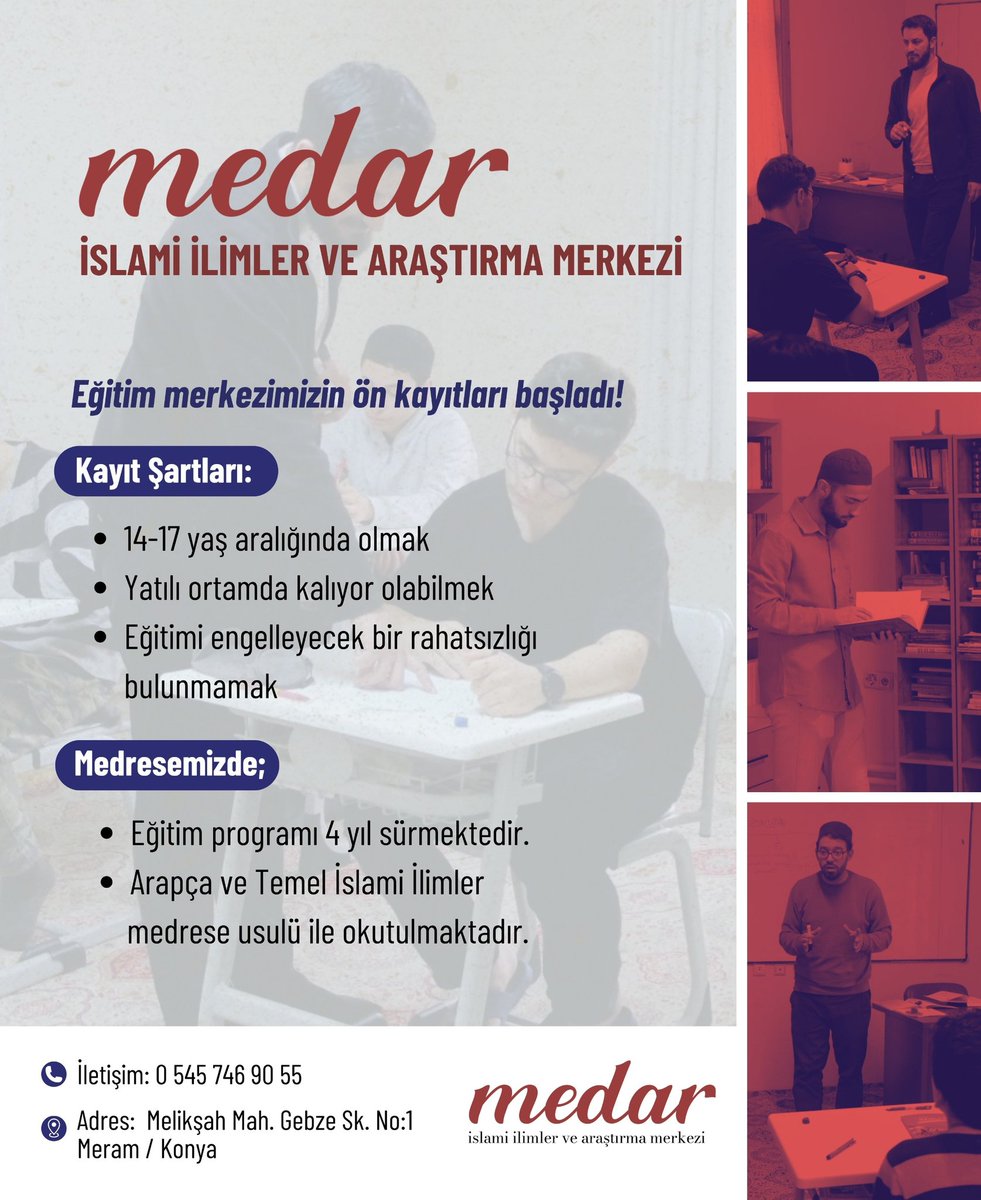 medarkonya's tweet photo. 📢 Medar İslami İlimler ve Araştırma Merkezi Ön Kayıtlarımız Başladı!

İslami ilimlerde derinleşmek ve Arapça öğrenmek isteyen gençler için 4 yıllık medrese eğitim programımıza ön kayıtlar başladı!
Sen de bu ilim yolculuğuna katılmak ister misin?

📞 İletişim: 0 545 746 90 55 https://t.co/i7tB9OjCZ7