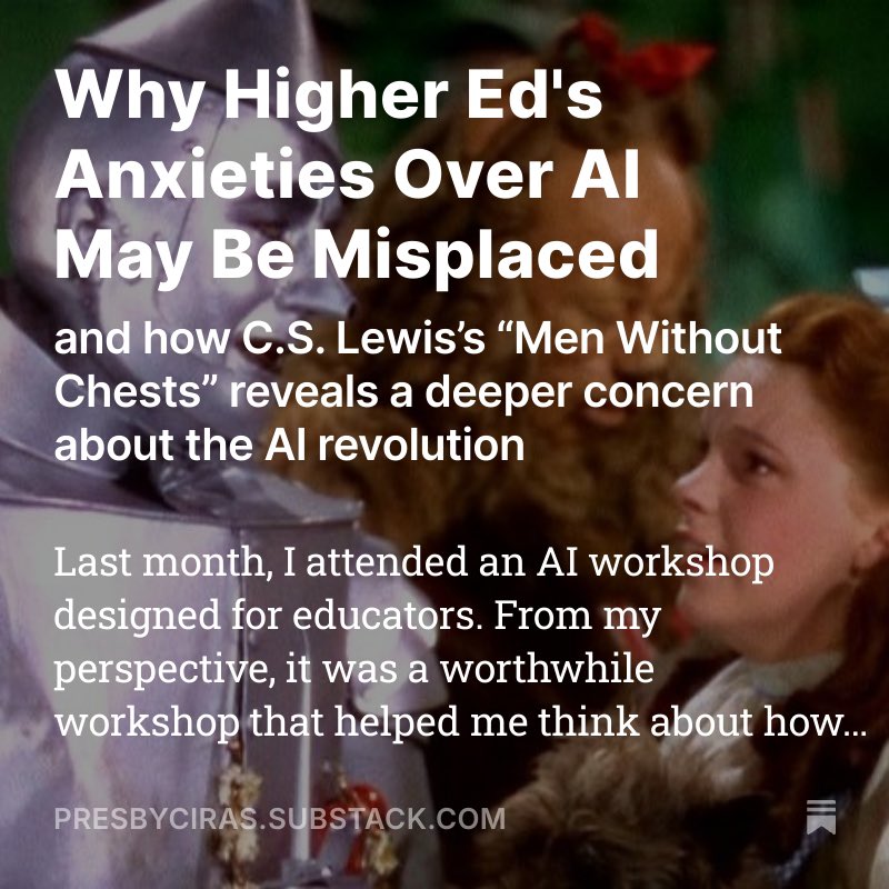 Austin Young Shull is also at 🟦 ☁️ (@youngshull) on Twitter photo Here is my latest Substack post as research director of a SLAC.
Some editorializing on my part, but when mentoring students as scholars, the question about AI isn't "will AI replace our work?" but "what makes our work as humans irreplaceable?”
open.substack.com/pub/presbycira… Here is my latest Substack post as research director of a SLAC.
Some editorializing on my part, but when mentoring students as scholars, the question about AI isn't "will AI replace our work?" but "what makes our work as humans irreplaceable?”
open.substack.com/pub/presbycira…