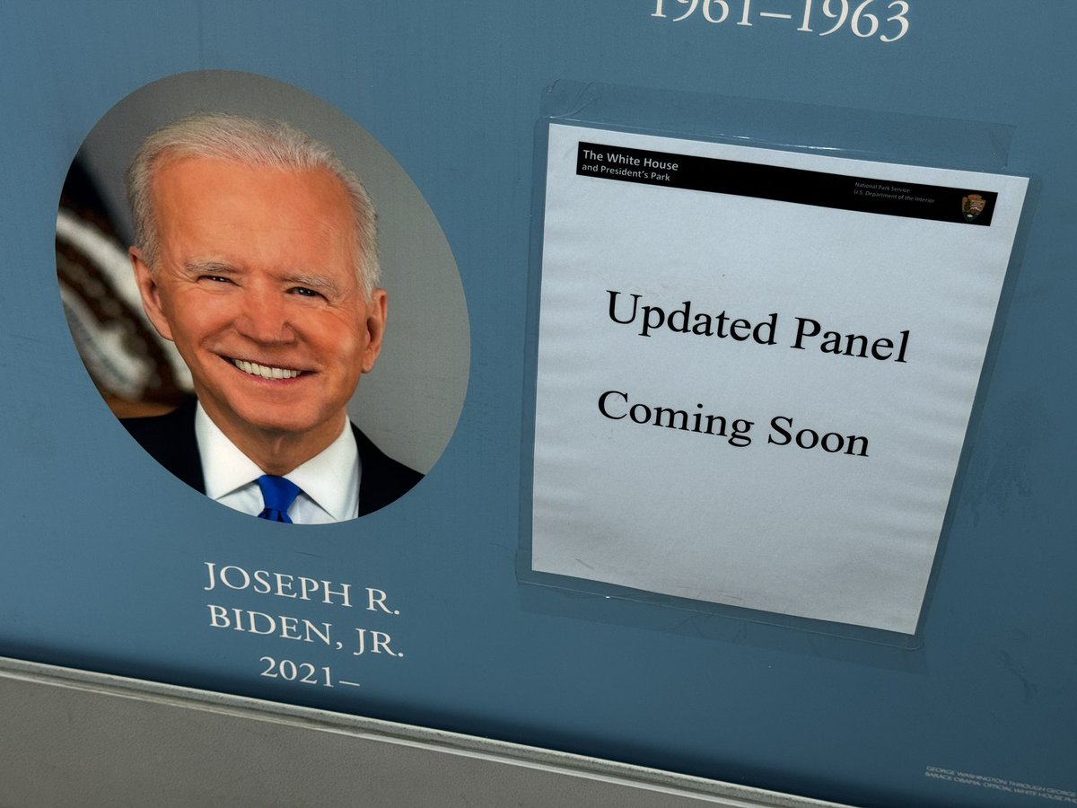 The White House Visitor Center has yet to update the wall of presidents. Four years ago conspiracy theories raged about this slow update so this time National Park Service put a “coming soon” sign on the wall.
