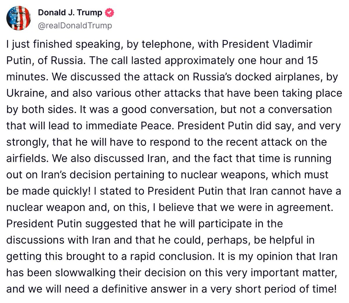 I'm sorry America 🇺🇲, but FUCK your president, what a spineless twat. 

No: "We will destroy you if you do!"
Just: "Yes Boss"

❗️Putin said, and very firmly, that he will have to respond to the recent attack on the airfields: Trump just finished a 75-minute phone call with Putin.
