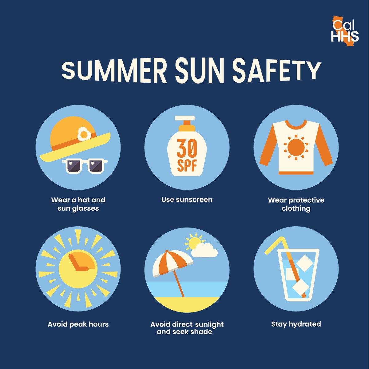 CA Health & Human Services (@cal_hhs) on Twitter photo With summer quickly approaching, sun safety is a must! Californians of all skin tones can reduce their risk of sun damage & skin cancer:
✅ Stay in the shade
✅ Wear wide-brimmed hats, sunglasses & clothes that cover you
✅ Apply broad-spectrum sunscreen with at least SPF 15 With summer quickly approaching, sun safety is a must! Californians of all skin tones can reduce their risk of sun damage & skin cancer:
✅ Stay in the shade
✅ Wear wide-brimmed hats, sunglasses & clothes that cover you
✅ Apply broad-spectrum sunscreen with at least SPF 15