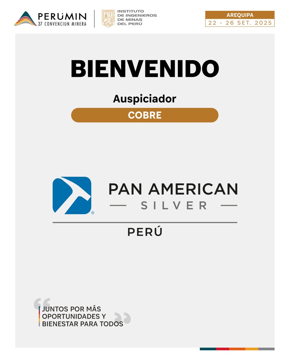PERUMIN (@peruminoficial) on Twitter photo #PERUMIN37 | Damos la bienvenida a Pan American Silver Perú como auspiciador categoría Cobre. Si deseas que tu empresa forme parte comunícate con:
📌Correo: auspicios@iimp.org.pe
📌WhatsApp: wa.me/51982097059 #PERUMIN37 | Damos la bienvenida a Pan American Silver Perú como auspiciador categoría Cobre. Si deseas que tu empresa forme parte comunícate con:
📌Correo: auspicios@iimp.org.pe
📌WhatsApp: wa.me/51982097059