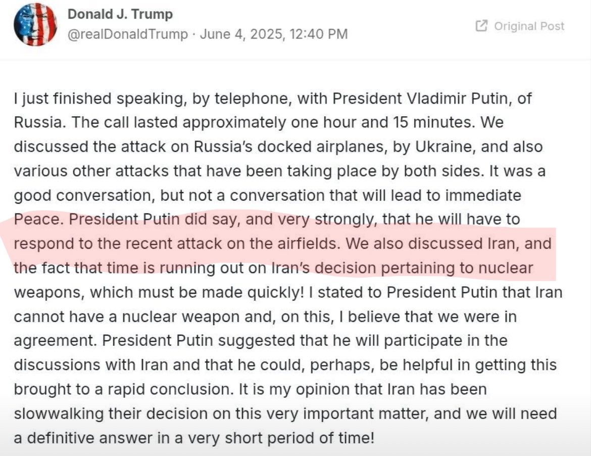 The TACO two week tilt.
2 weeks ago: "I am not happy Putin is killing civilians"

Today: "Putin told me he will have to kill more civilians and that's ok".