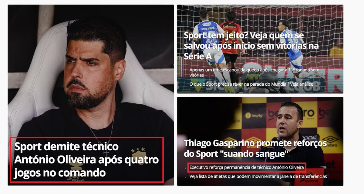A diretoria acertou ao demitir Antônio Oliveira, mas o episódio escancara a falta de direção no clube: ontem, o treinador havia sido bancado publicamente pelo novo executivo de futebol. É desesperador saber que esse grupo é o responsável por comandar o Sport hoje.