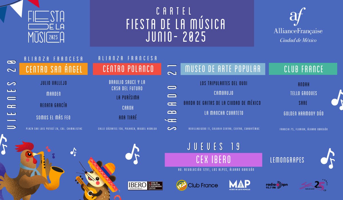 🎶✨ ¡Ya está aquí la cartelera de la Fiesta de la Música 2025!
Tres días de música en vivo, diversidad sonora y mucha fiesta cultural 🎉
Y lo mejor de todo: ¡todos los conciertos son GRATUITOS! 🎤🪗🎷

🎼 Del 19 al 21 de junio, diferentes espacios de la #CDMX se llenan de ritmo