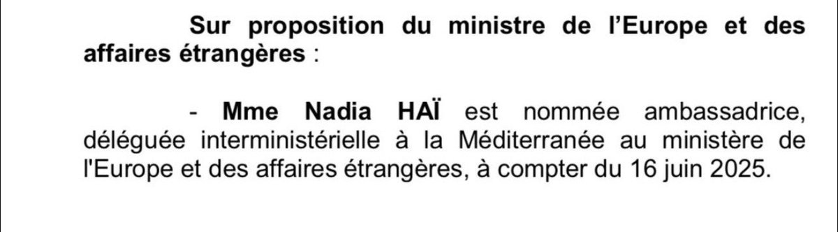 Honorée de ma nomination à la <a href="/DIMED_MEAE/">Délégation Interministérielle à la Méditerranée</a> 

Je remercie le Président <a href="/EmmanuelMacron/">Emmanuel Macron</a> et le Ministre <a href="/jnbarrot/">Jean-Noël Barrot</a> pour leur confiance.

Je m’engage à remplir cette mission avec détermination pour servir la France et défendre les valeurs qui la fondent.