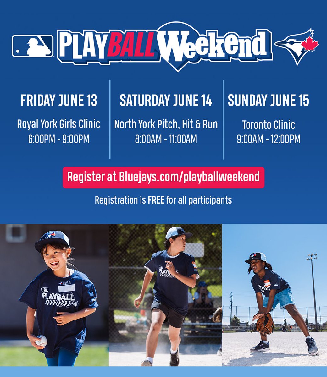 PLAY BALL Weekend is back! 

We're teaming up with <a href="/PlayBall/">Play Ball</a>  to offer FREE baseball events for kids 8–12 across the GTA, June 13–15! 

Join us on the field ⚾️

🔗 Register: bluejays.com/playballweekend

#PlayBallWeekend