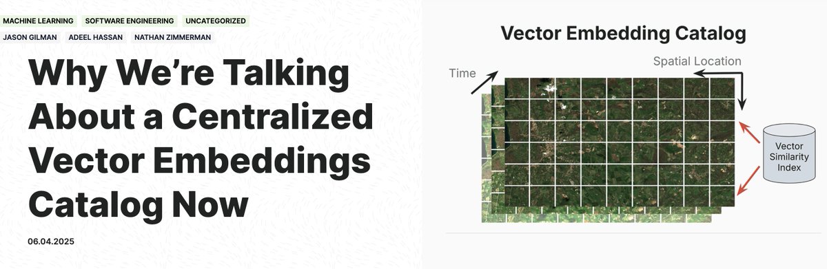 Element 84 (@element84) on Twitter photo We just published a white paper!
In it, we cover how EO data providers (ex. NASA) can dramatically improve access to their data by creating a centralized vector embeddings catalog.
Find the full white paper linked in this blog:
element84.com/machine-learni… We just published a white paper!
In it, we cover how EO data providers (ex. NASA) can dramatically improve access to their data by creating a centralized vector embeddings catalog.
Find the full white paper linked in this blog:
element84.com/machine-learni…