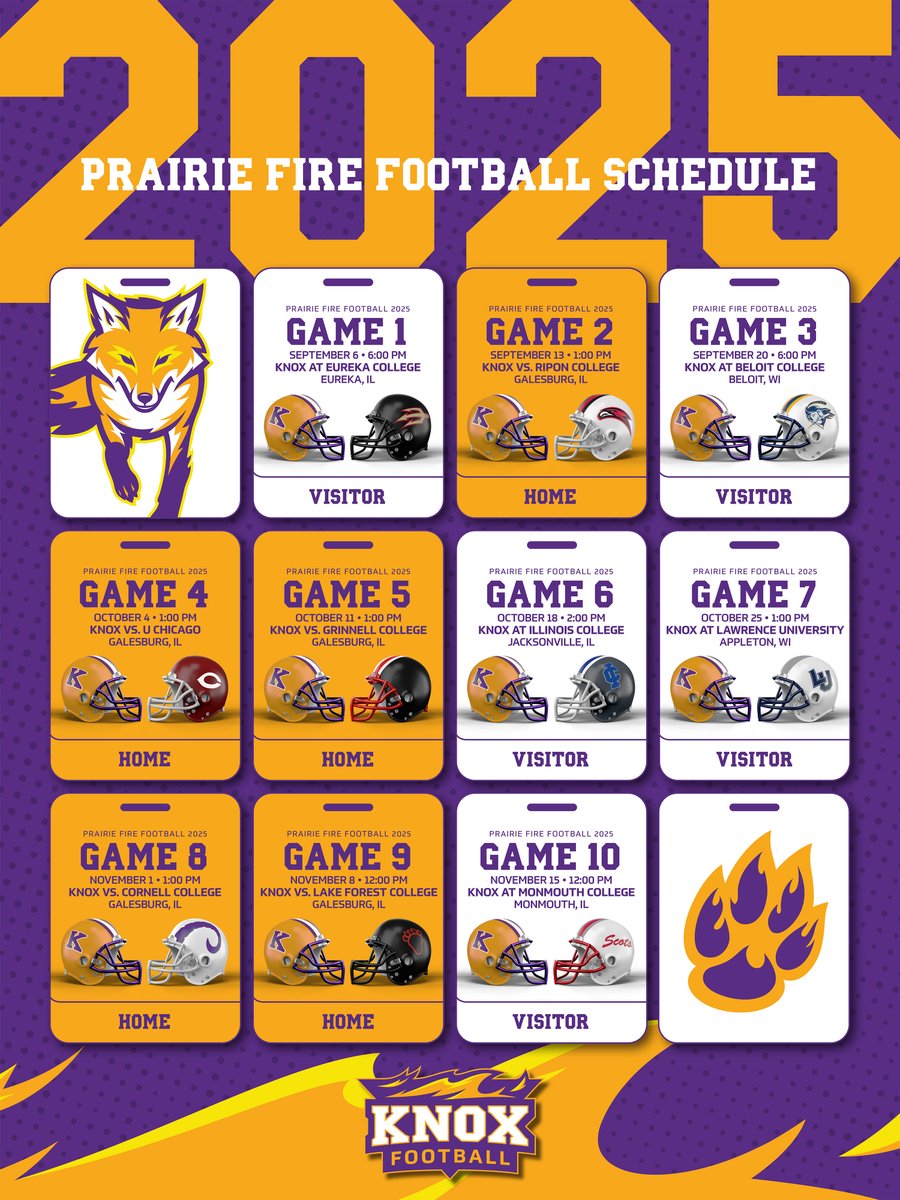 Knox Prairie Fire (@knoxprairiefire) on Twitter photo The 2025 <a href="/FB_KnoxCollege/">Knox College Football</a> schedule is now available on the Prairie Fire website! Never to early to plan your fall weekends …
#GoFire
🔗: bit.ly/3ZeIr3L The 2025 <a href="/FB_KnoxCollege/">Knox College Football</a> schedule is now available on the Prairie Fire website! Never to early to plan your fall weekends …
#GoFire
🔗: bit.ly/3ZeIr3L