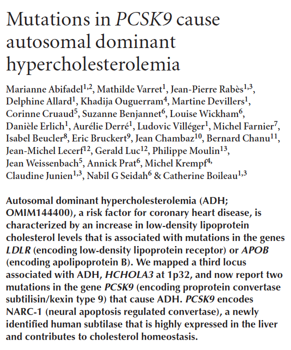 Pradeep Natarajan (@pnatarajanmd) on Twitter photo Unique perspective from M. Abifadel who led the first study connecting PCSK9 to familial hypercholesterolemia 22y ago, describing "the different chapters of the PCSK9 story" jamanetwork.com/journals/jamac… <a href="/JAMACardio/">JAMA Cardiology</a>
(nature.com/articles/ng1161 <a href="/NatureGenet/">Nature Genetics</a>) Unique perspective from M. Abifadel who led the first study connecting PCSK9 to familial hypercholesterolemia 22y ago, describing "the different chapters of the PCSK9 story" jamanetwork.com/journals/jamac… <a href="/JAMACardio/">JAMA Cardiology</a>
(nature.com/articles/ng1161 <a href="/NatureGenet/">Nature Genetics</a>)