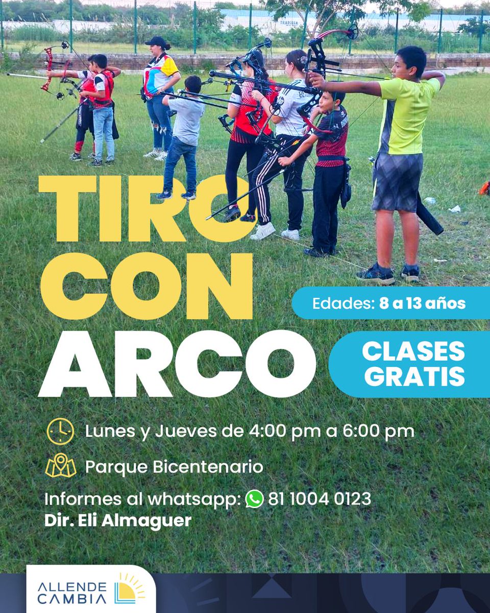 ¡Clases de Tiro con Arco GRATIS! 

Nuestro alcalde <a href="/lalolealb/">Lalo Leal</a> tiró un 10 con este NUEVO deporte

Desarrolla tu puntería, concentración y disciplina. 

¡Para niñas y niños de 8 a 13 años!

-Lunes y Jueves
-4:00 pm - 6:00 pm
-Parque Bicentenario

#AllendeCambia