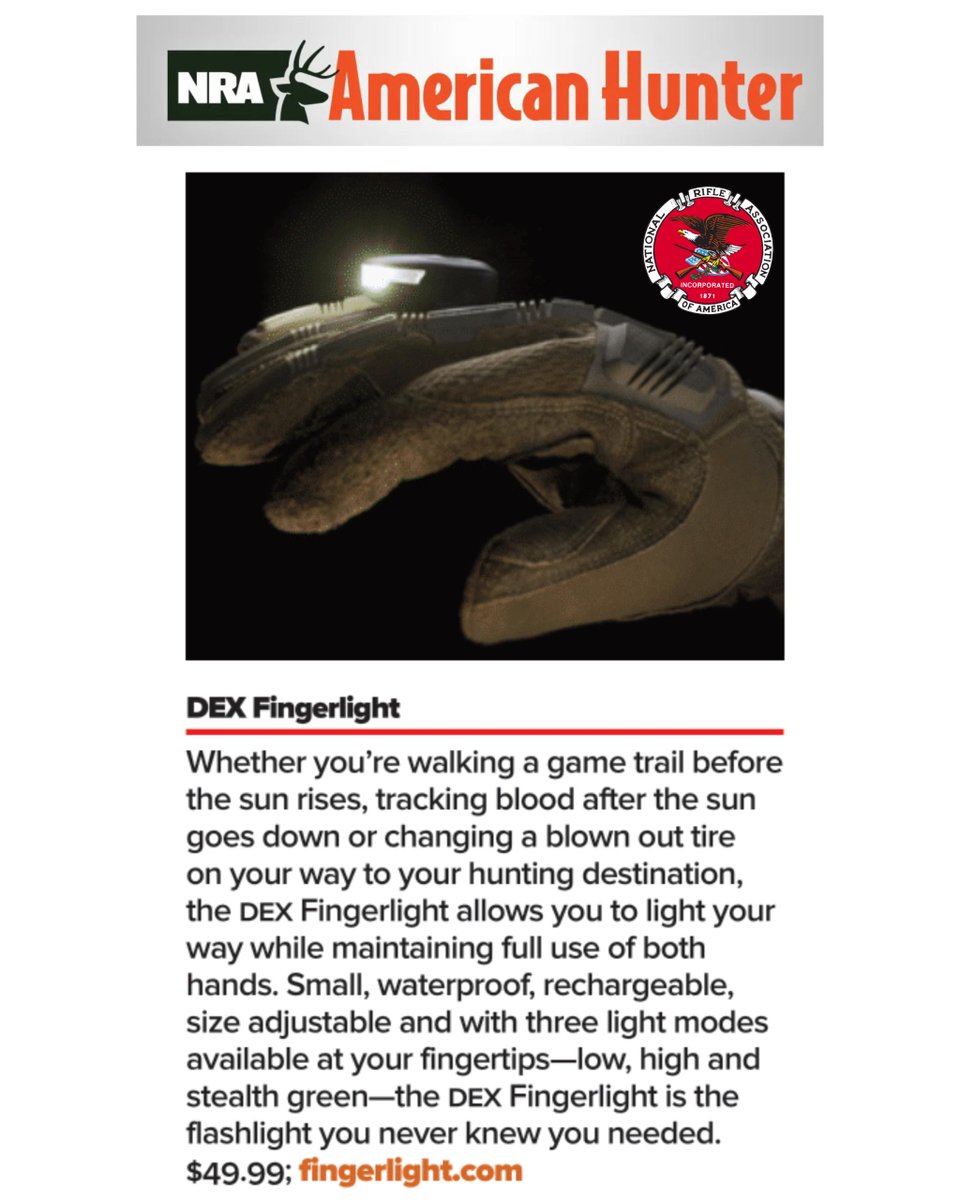 DEXFINGERLIGHT's tweet photo. 🦌 Thank you #NRA - National Rifle Association for featuring DEX FINGERLIGHT front and center! To gain this acknowledgement is a privilege and honor!
#AmericanHunter #DEXdurable #NRA https://t.co/jTDfNCgLca