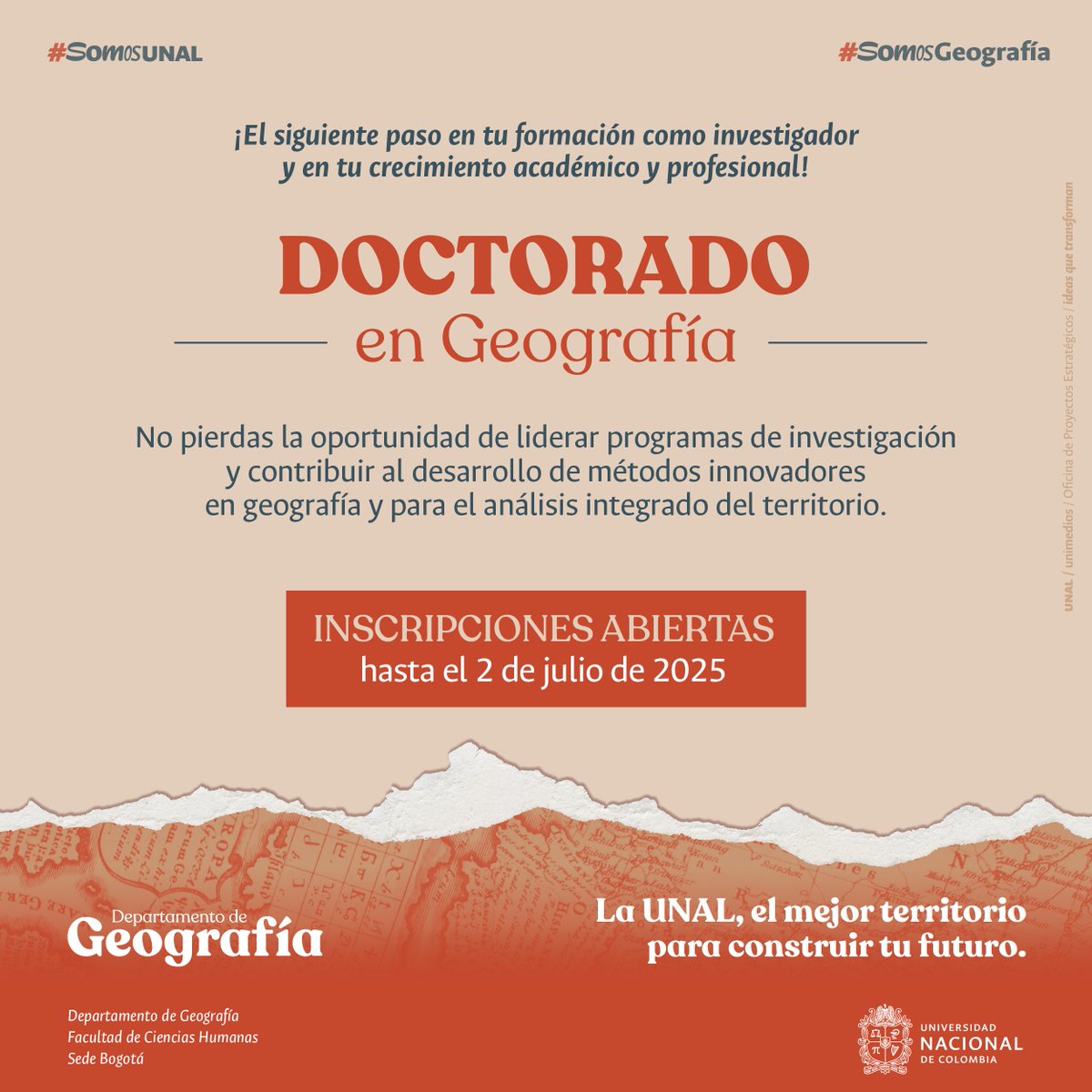 #AdmisionesUNAL ¿Listos para llevar su formación al siguiente nivel? El Doctorado en Geografía es su oportunidad para crecer como investigador y aportar a la transformación del país desde el conocimiento | Inscripciones hasta el 2 de julio🔗 t.ly/OJOTV | <a href="/humanasunal/">Facultad de Ciencias Humanas</a>