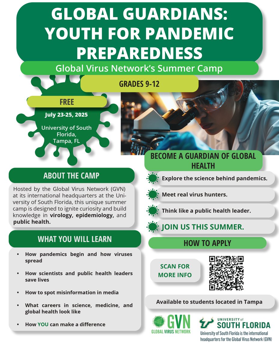 Tampa high schoolers: join the Global Guardians summer camp (July 23–25 at <a href="/USouthFlorida/">University of South Florida</a>) to explore pandemics, viruses, and global health. FREE for grades 9–12 in Tampa!

Apply by June 30th and click here to learn more: ow.ly/WQNY50W4m5a

#GVN #STEM  #USF

<a href="/USFHealth/">USF Health</a>