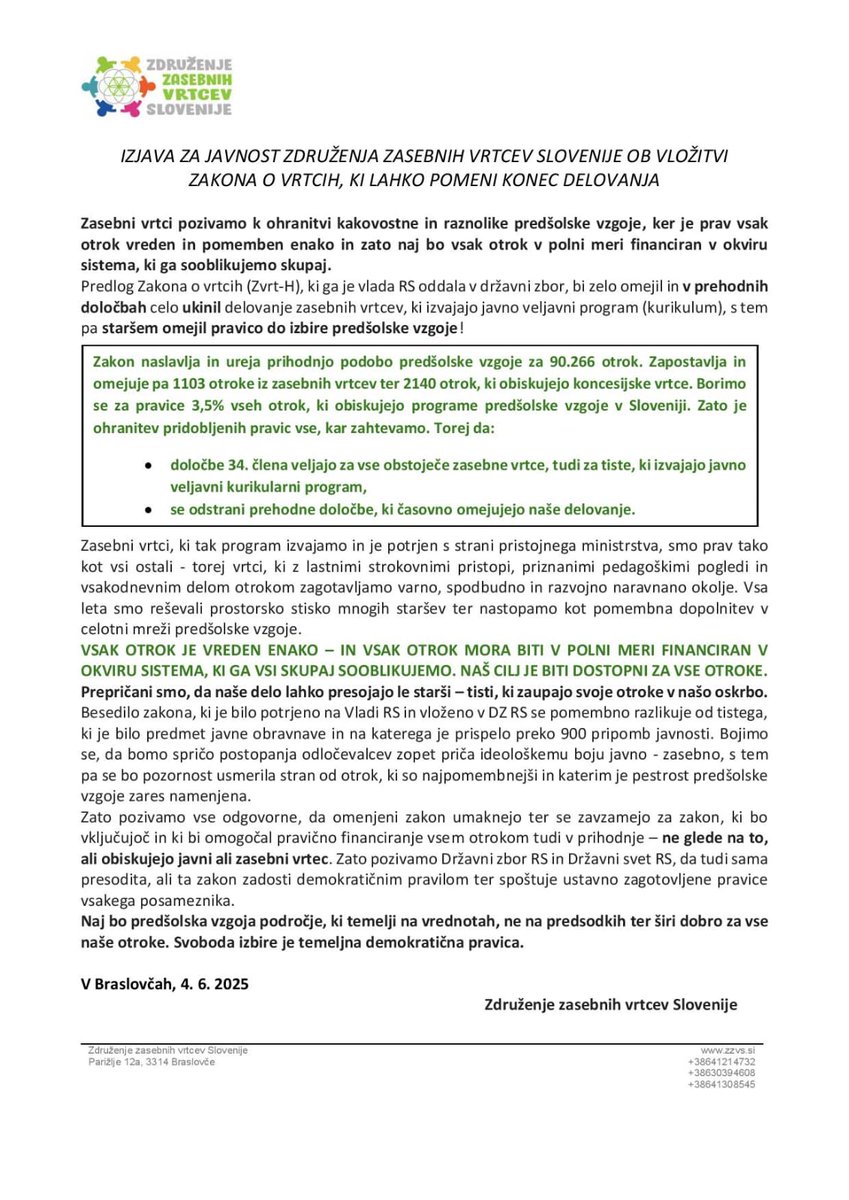 ZasebniVrtci's tweet image. Današnja izjava za javnost - proti ukinjanju zasebnih vrtcev ‼️