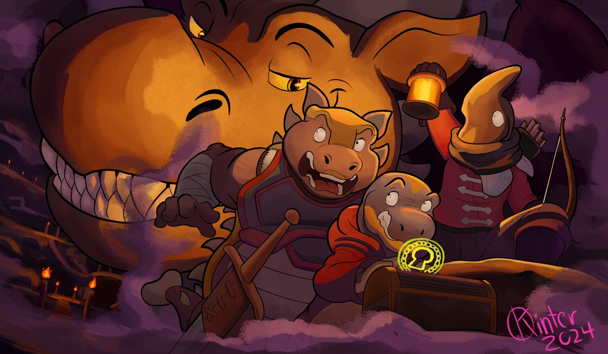 Dino adventurers realizing a little too late they're looting a Dragon's den

Card art for <a href="/LilTroublesTCG/">Little Troubles TCG</a>  !! A really cool community of babyfur/regression artists put a lot of work into bringing this card game to life; check out their page and shop!