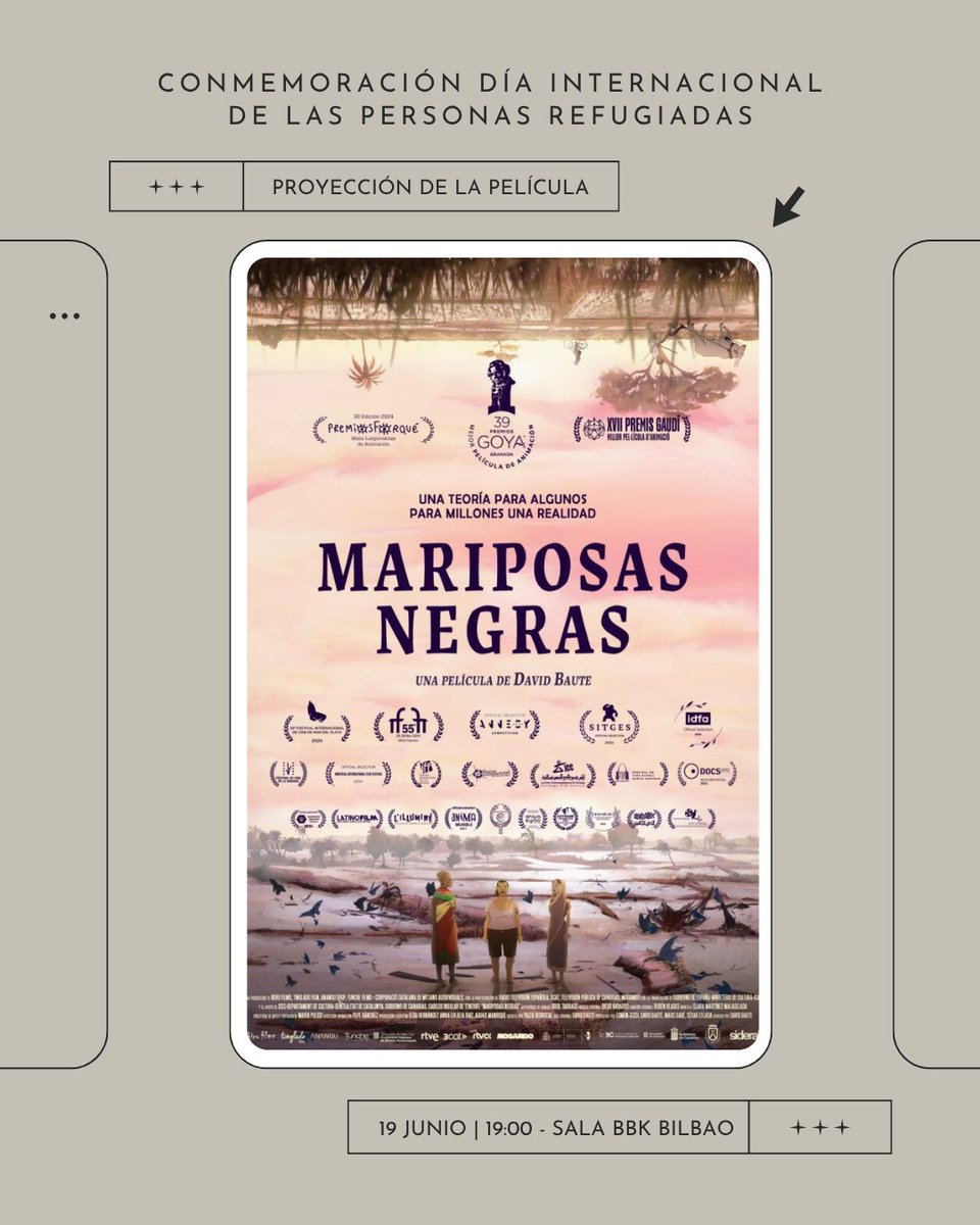 🎬 Proyección: “Mariposas Negras”+Coloquio con su director (David Baute)

Compartimos info, con motivo de la conmemoración del Día Mundial de las Personas Refugiadas, de la proyección de la película Mariposas Negras.

🗓 19 de junio | 19:00
✨Una actividad de <a href="/bilbao_udala/">Bilbao [Udala - Ayuntamiento]</a>