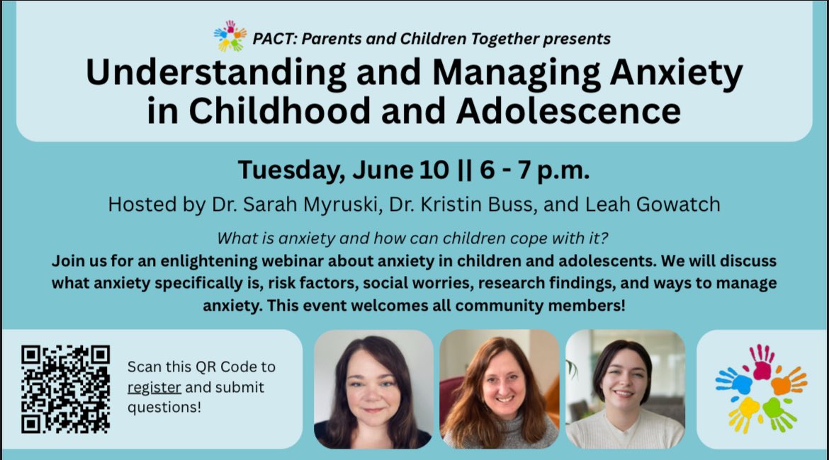 Mark your calendars for the upcoming PACT Webinar: 

Understanding and Managing Anxiety in Childhood and Adolescence. Tuesday, June 10th, 6-7pm EST. 

Scan the QR code, or register here: psu.zoom.us/webinar/regist…