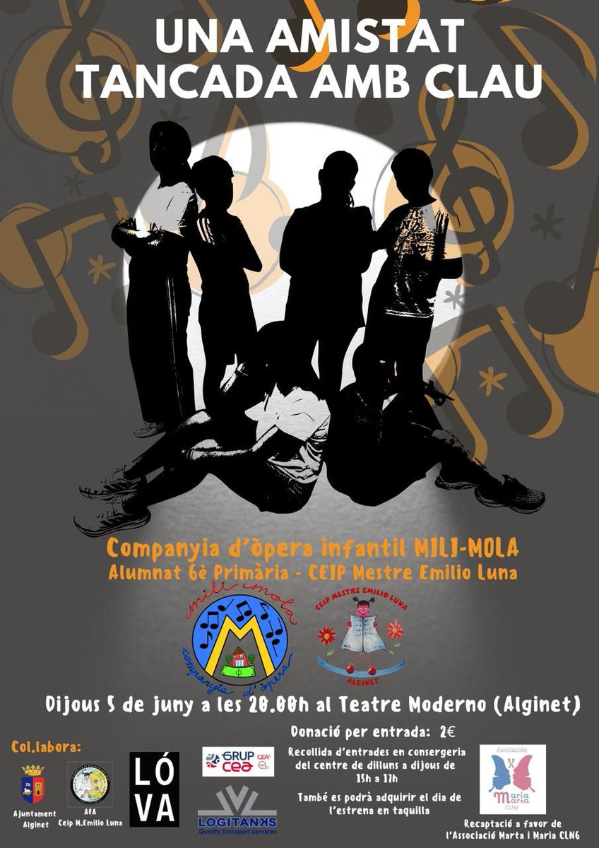 L'alumnat de 6è de primària del CEIP Mestre Emilio Luna d'Alginet estrenarà la seua òpera el proper 5 de juny, dins del projecte LÒVA, i destinarà la recaptació de les entrades a l'associació "Marta y María CLN6".