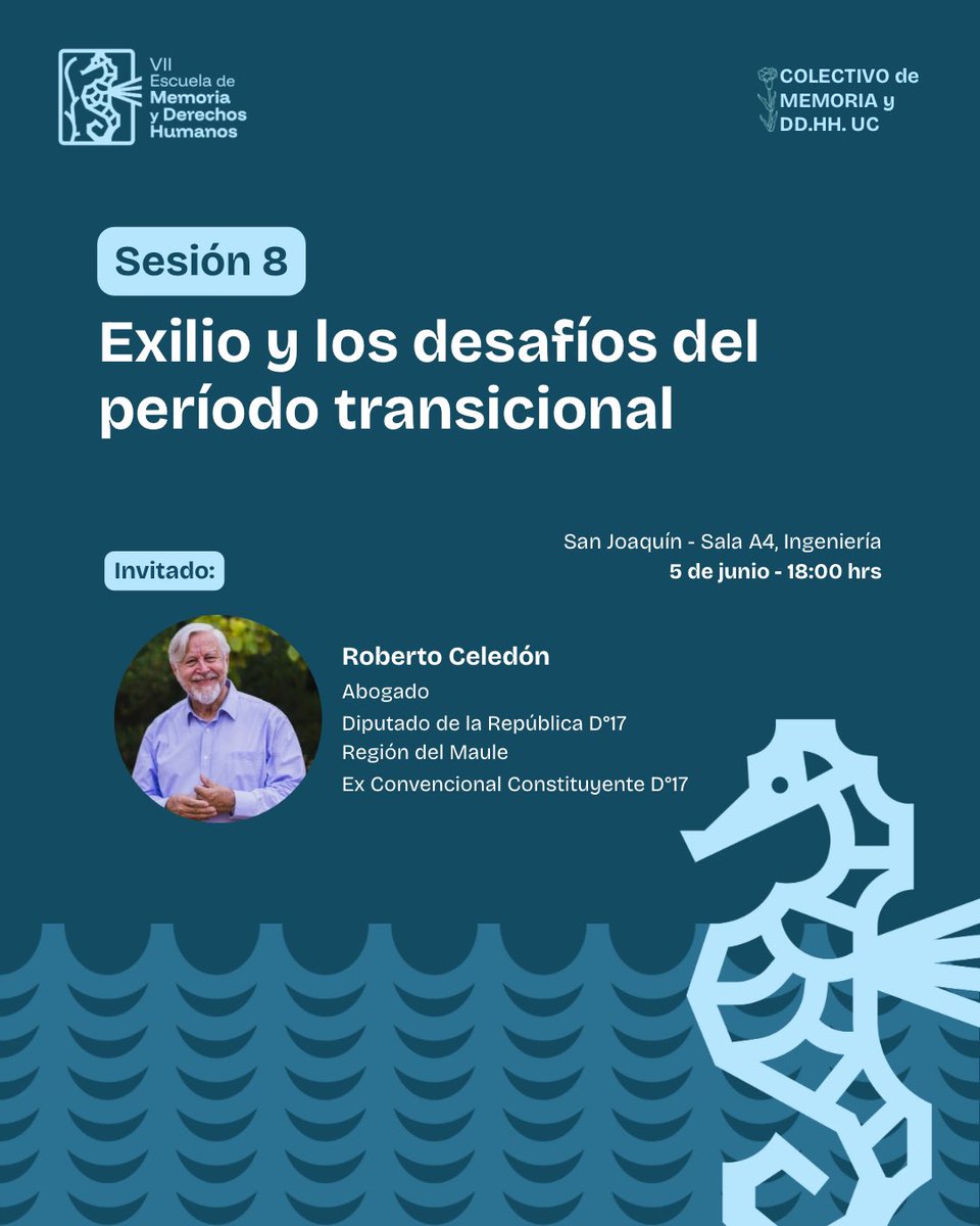 Colectivo Memoria y DD. HH. UC (@ucmemoria) on Twitter photo Sesión 8 “Exilio y los desafíos del periodo transicional” con <a href="/RobertoCeledonF/">Roberto Celedón Fernández</a> 🌹
Nos encontraremos para reflexionar sobre el exilio durante la dictadura, los desafíos y la articulación internacional por la democracia 🙌🏻
Nos vemos mañana a las 18:00 en la sala A4 en Ingeniería. Sesión 8 “Exilio y los desafíos del periodo transicional” con <a href="/RobertoCeledonF/">Roberto Celedón Fernández</a> 🌹
Nos encontraremos para reflexionar sobre el exilio durante la dictadura, los desafíos y la articulación internacional por la democracia 🙌🏻
Nos vemos mañana a las 18:00 en la sala A4 en Ingeniería.