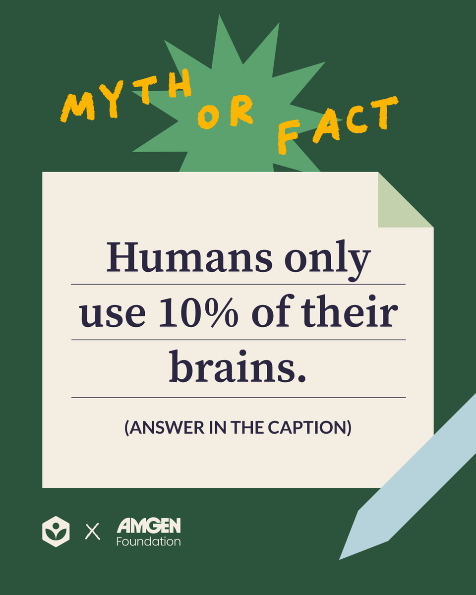 khanacademy's tweet image. 💡 Myth or fact? Humans only use 10% of their brains.
We’re celebrating 10 years of partnership with the Amgen Foundation by spotlighting science truths all month long.
Spoiler: This one’s a myth! 🧠 Dive into real science with Khan Academy’s free, engaging biology and…