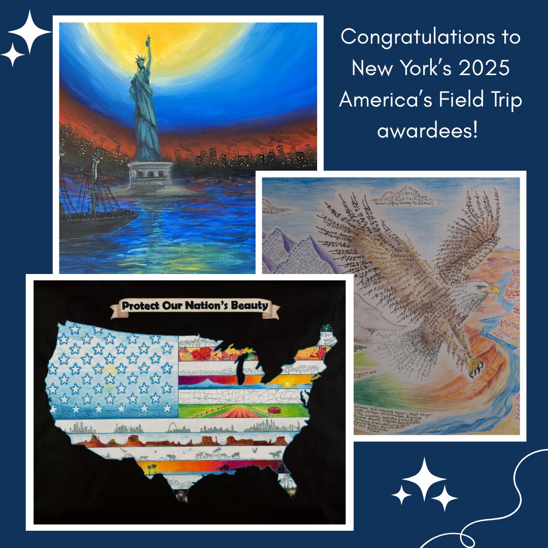 NYS Education Department (@nysednews) on Twitter photo Congratulations to the NY America's Field Trip awardees! <a href="/America250/">America250</a>
1st Place
Asia, Grade 7, Rifton
Eric, Grade 7, Rifton
Hannah, Grade 11, Chester
2nd Place
Kenneth, Grade 4, Walden
Ava, Grade 5, Rifton
Aviana, Grade 5, Walden
Anmo, Grade 6, Manlius
Sabine, Grade 12, Goshen Congratulations to the NY America's Field Trip awardees! <a href="/America250/">America250</a>
1st Place
Asia, Grade 7, Rifton
Eric, Grade 7, Rifton
Hannah, Grade 11, Chester
2nd Place
Kenneth, Grade 4, Walden
Ava, Grade 5, Rifton
Aviana, Grade 5, Walden
Anmo, Grade 6, Manlius
Sabine, Grade 12, Goshen