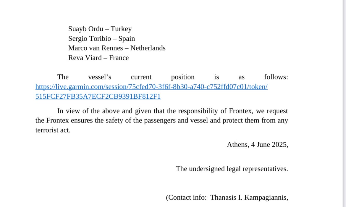 Madleen Legal Update II:

Through and thanks to the efforts of our colleagues in Greece and Cyprus (Athanasios Ioannis Kampagiannis, Evgenia Kouniaki, and Dimitrios Sarafianos and attorneys at Efstathios C. Efstathiou LLC) we, as legal counsels to the Freedom Flotilla Coalition