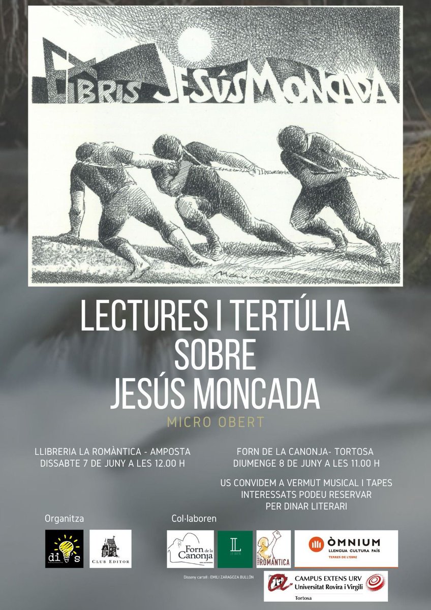 Ens veiem este dissabte, 7 de juny, a les 12 h a la Llibreria la Romàntica d'Amposta per commemorar Jesús Moncada amb una sessió de lectures i tertúlia amb micro obert.

Us hi esperem!