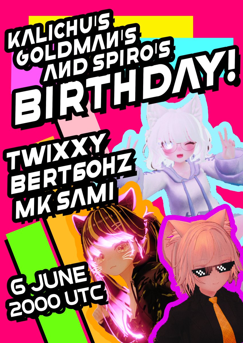 🎂<a href="/wheresthekali/">kali</a>'s, <a href="/Goldman0815/">Goldman</a>'s &amp; <a href="/spirono_/">spiro</a>'s Birthday Party🎂

💫DJs
🌟Twixxy
🌟<a href="/bert60hz/">Bert</a>
🌟<a href="/MKSamisheesh/">MK_Sami</a>

▶️FRIDAY
⏯️06/06

🌐2000UTC

🇬🇧2100BST
🇪🇺2200CEST

🇺🇸1300PDT
🇺🇸1600EDT

🇯🇵0500(+1Day)JST

🛜You will be able to join via the QTG VRC Group here: vrchat.com/home/group/grp…