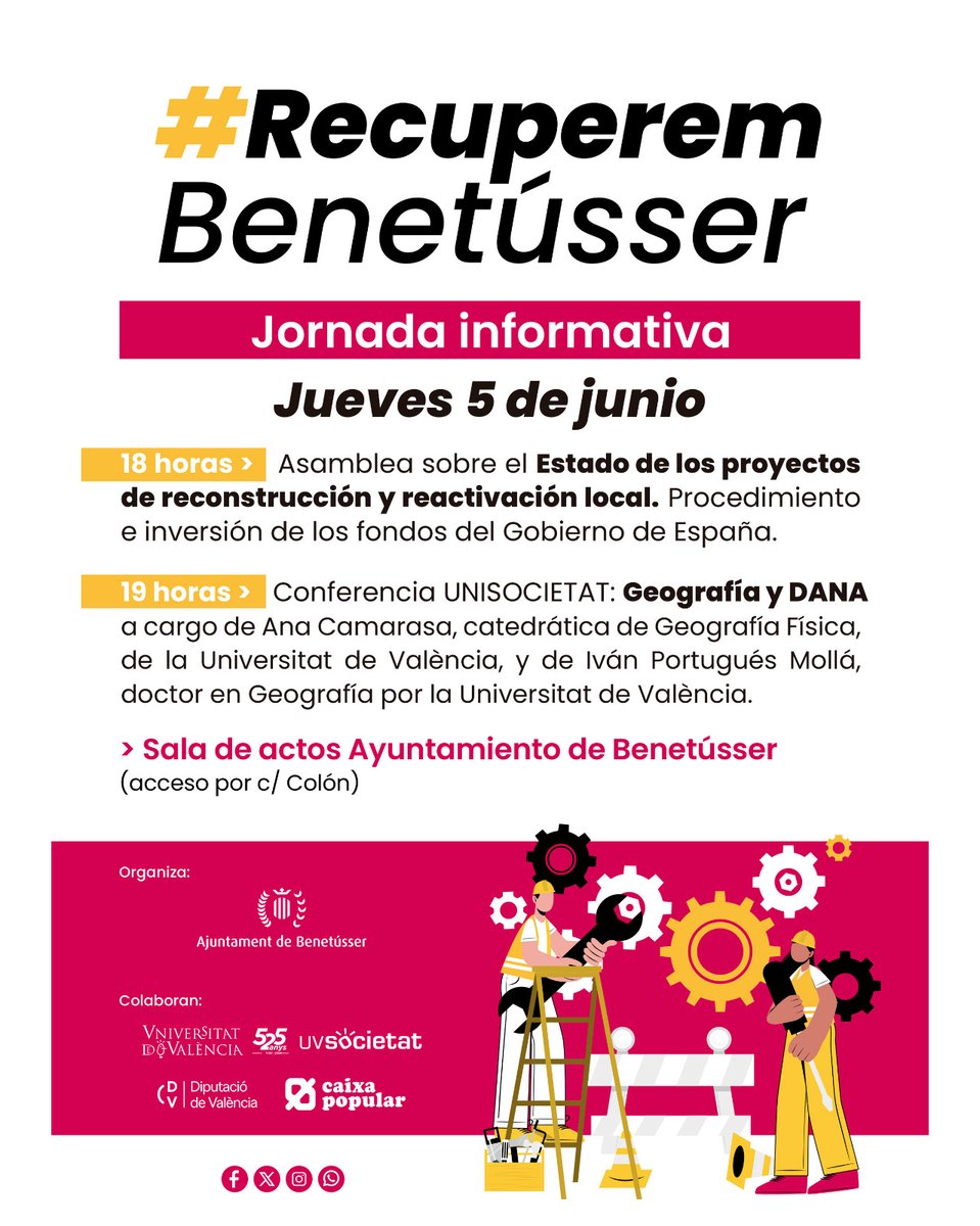 Demà 5 de juny parlaré de la #DANA del #29-O a #Benetússer amb l'autoexigència i la càrrega emocional extra que suposa parlar de ma casa. Vos esperem al Saló d'Actes de l'Ajuntament a partir de les 18h.