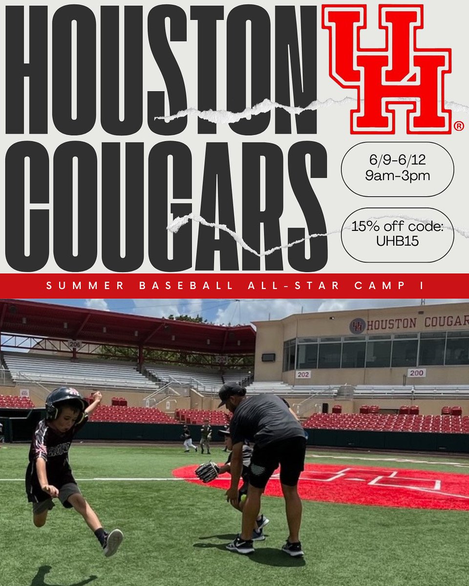 Next Week's All-Star Lineup: Save 15% with Code UHB15! Calling all future baseball stars! Gear up for next week's All-Star Day Camp One at Houston Cougar Baseball Camps. info.collegebaseballcamps.com/uh/ #baseball #summer #baseballcamp #houston #houstonbaseball #Houstoncougars #sportstalk