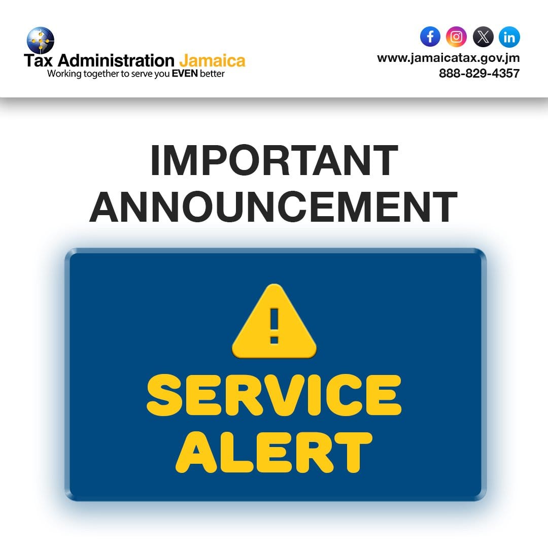 Savanna-La-Mar Tax Office closed at 12pm today.
We apologize for the inconvenience caused.

Use alternate Tax Offices.
✅Lucea
✅Darliston 
✅Montego Bay 

Do Business Online
🌐 jamaicatax.gov.jm
📱TAJ Mobile App
💳 NCB Online Banking
🏦 Scotia OnLine &amp; Mobile App
📥 DFT