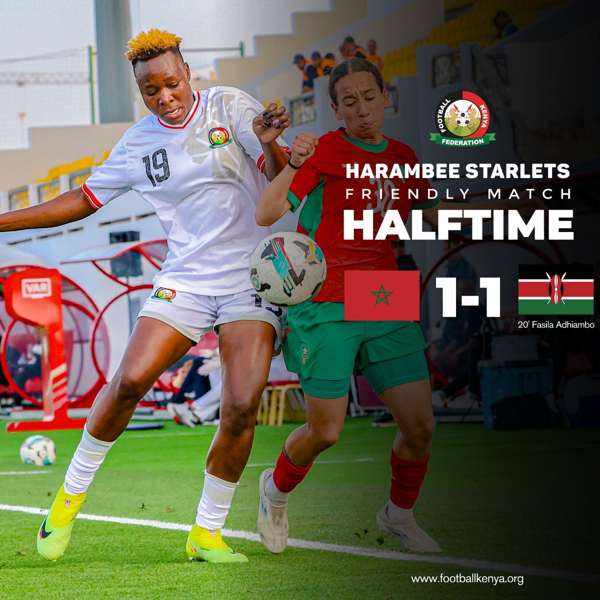 HT

🇲🇦 Morocco 1-1 Kenya 🇰🇪

#HarambeeStarlets