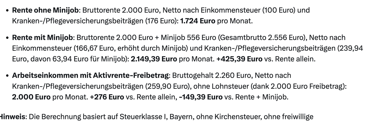 <a href="/antonnft6/">Sass</a> Hab Grok mal rechnen lassen.
Wenn jemand, statt in Rente zu gehen, weniger arbeitet und noch 2260 Euro pro Monat verdient, hat er mit Aktivrente-Freibetrag 149 Euro weniger
als wenn er in Rente geht und einen 556-Euro Minijob zusätzlich macht.
Für viermal so viel Arbeit also 150