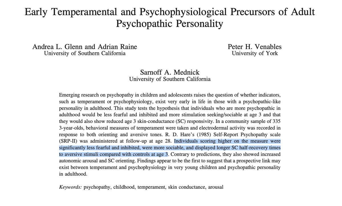 PsychopathyIs's tweet image. Extensive evidence now supports psychopathy as a neurodevelopmental disorder, with reliable markers of adult psychopathy detectable as early as age 3--which is when screening for risk factors should start. pubmed.ncbi.nlm.nih.gov/17696707/