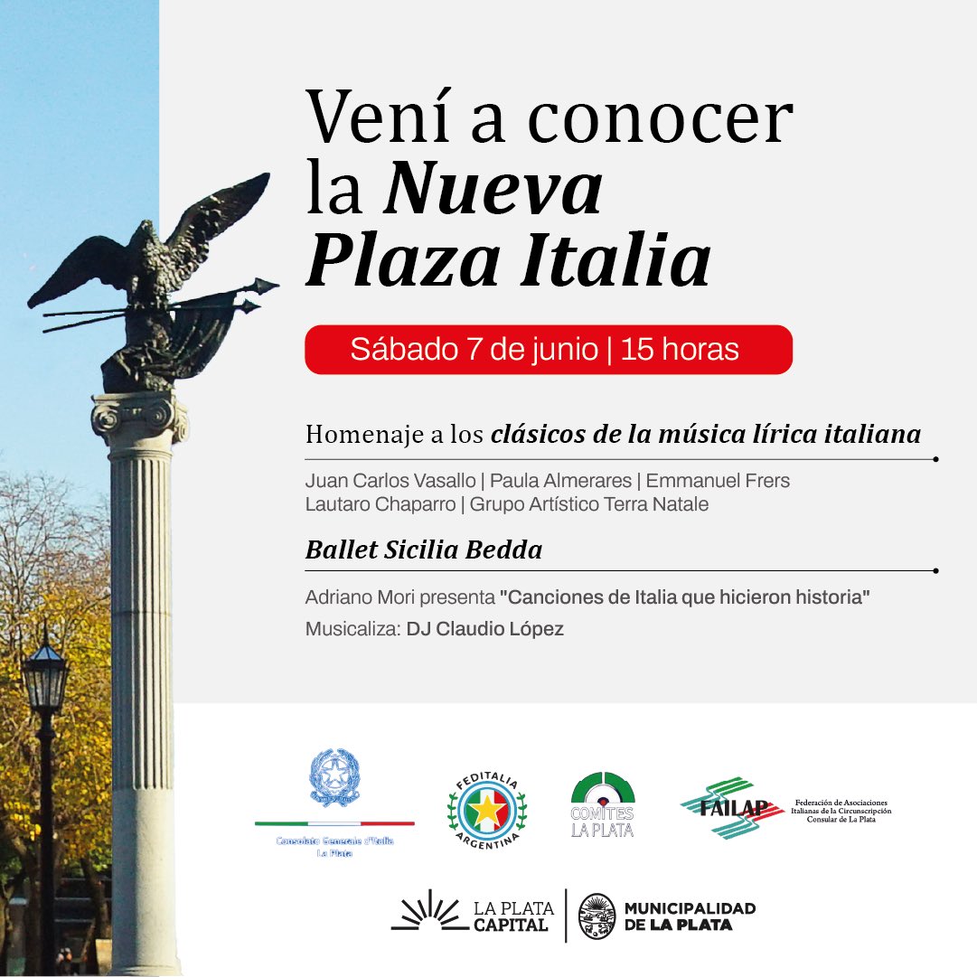 Este sábado tenés una cita en la NUEVA PLAZA ITALIA 🇮🇹

Desde las 15 hs, viví un homenaje único a los clásicos de la música lírica italiana, disfrutá del ballet Sicilia Bedda y de los nuevos espacios de la plaza.
