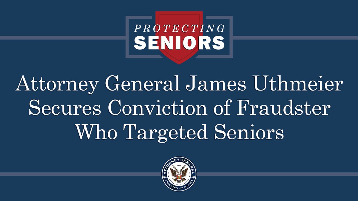 My office is ensuring that criminals can’t get away with defrauding Florida’s seniors.

Thanks to Chief Assistant Statewide Prosecutor Jonathan Bridges and Senior Assistant Statewide Prosecutor Joshua Dockus, working with our law enforcement partners, we ensured this con man