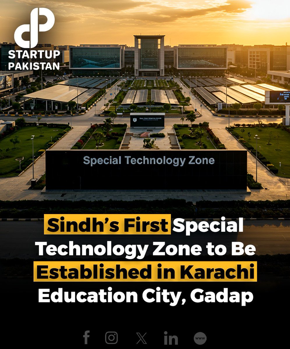 PakStartup's tweet image. The Sindh government has received formal approval to establish its first Special Technology Zone (STZ) on a 500-acre site in Karachi’s Education City, Gadap. 

#Karachi #TechnologyZone #STZ #EducationCity #SindhTechHub #Innovation #DigitalPakistan