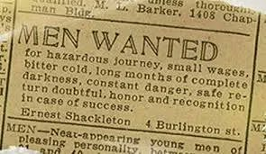 viagempassado's tweet photo. Para recrutar sua tripulação, Shackleton publicou no jornal um anúncio que se tornou lendário: “Procura-se homens para viagem perigosa. Salários baixos, frio extremo, perigo constante, retorno duvidoso. Honra e reconhecimento em caso de sucesso.” https://t.co/hUbWnRFz9L