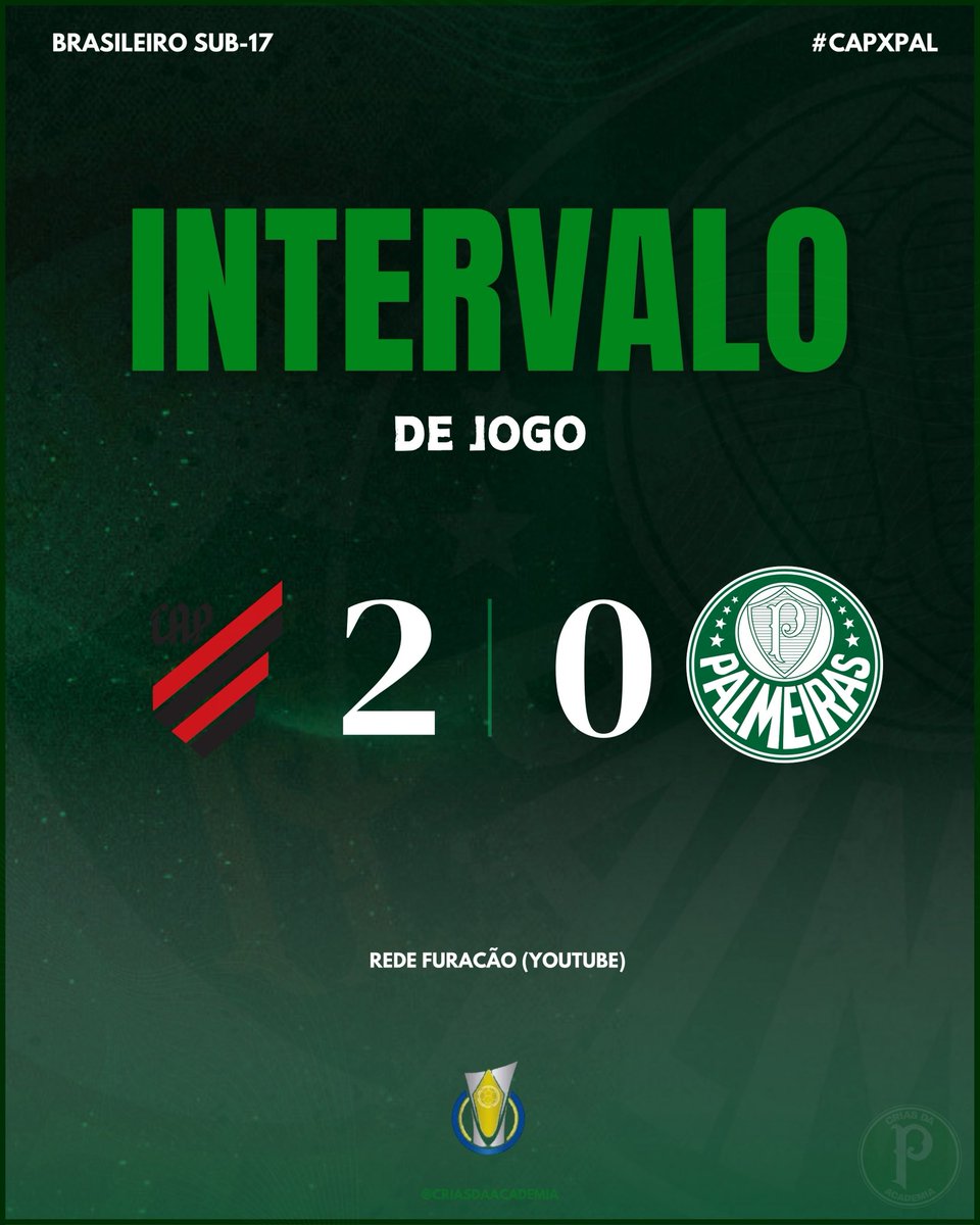CriasDaAcademia's tweet photo. Fim de primeiro tempo: Athletico-PR 2x0 Palmeiras.
🏆 Brasileiro Sub-17 | 4ª rodada - 1ª fase
#CriasDaAcademia #CAPxPAL https://t.co/VZgfNjcD5k