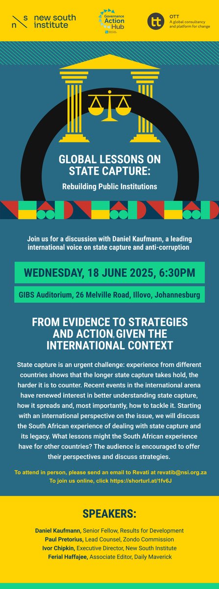 New South Institute (NSI) (@the_nsi) on Twitter photo Please join our discussion on state capture with Daniel Kaufmann, a leading international voice on state capture and anti-corruption. He'll be joined by Adv Paul Pretorius (Zondo Commission), <a href="/dailymaverick/">Daily Maverick</a>'s <a href="/ferialhaffajee/">Ferial Haffajee</a> and Ivor Chipkin the NSI
shorturl.at/1fv6J Please join our discussion on state capture with Daniel Kaufmann, a leading international voice on state capture and anti-corruption. He'll be joined by Adv Paul Pretorius (Zondo Commission), <a href="/dailymaverick/">Daily Maverick</a>'s <a href="/ferialhaffajee/">Ferial Haffajee</a> and Ivor Chipkin the NSI
shorturl.at/1fv6J