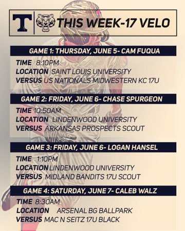 Ron Millard (@revron44) on Twitter photo Rawlings Tigers 17U Velo Rotation this weekend:
<a href="/stltigers/">St. Louis Rawlings Tigers</a> <a href="/David_Birkby/">David Birkby</a> <a href="/EPratte2/">Evan Pratte</a> <a href="/JaworowskiAaron/">Aaron Jaworowski</a> <a href="/Play9Sports/">Play9Sports</a> Rawlings Tigers 17U Velo Rotation this weekend:
<a href="/stltigers/">St. Louis Rawlings Tigers</a> <a href="/David_Birkby/">David Birkby</a> <a href="/EPratte2/">Evan Pratte</a> <a href="/JaworowskiAaron/">Aaron Jaworowski</a> <a href="/Play9Sports/">Play9Sports</a>