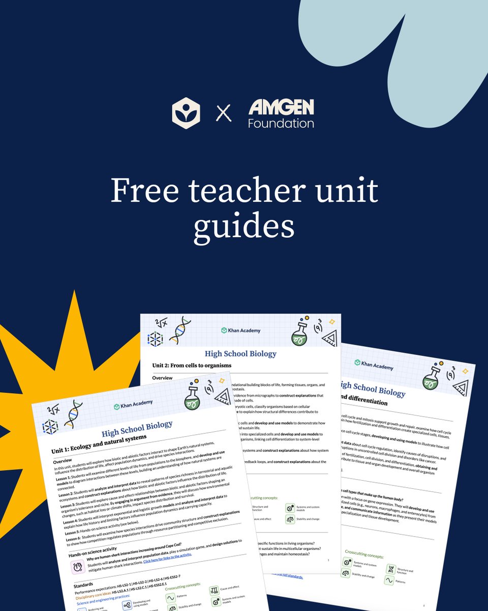 khanacademy's tweet image. Looking for support planning your high school biology lessons? Our free Teacher Unit Guides—made possible by the Amgen Foundation—are designed to help you teach with confidence.
Get pacing tips, student discussion prompts, and a full breakdown of each unit, all in one place.
🔗…