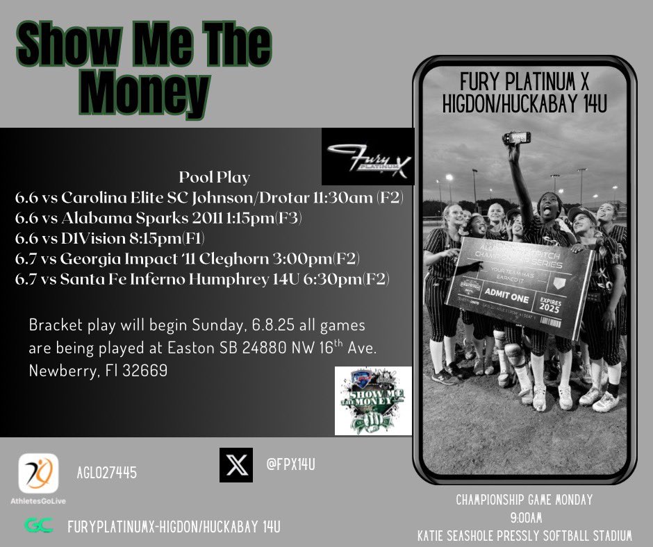 ✈️📍Newberry, FL <a href="/PGFnetwork/">PGF</a> Show Me the Money

<a href="/ExtraInningSB/">EXTRA INNING SOFTBALL</a> <a href="/LineDsoftball/">Line Drive Media</a> <a href="/DukeSOFTBALL/">Duke Softball</a> <a href="/prstaggs/">Parker Staggs</a> <a href="/clemsonsoftball/">Clemson Softball 🥎</a> <a href="/rittmanjohn/">John Rittman</a> <a href="/UNCSoftball/">Carolina Softball</a> <a href="/coachmegsmith/">Megan Smith Lyon</a> <a href="/SouthernMissSB/">Southern Miss Softball</a> <a href="/ElzeyMatt/">The Coach</a> <a href="/WKUSoftball/">WKU Softball</a> <a href="/AmyLTudor/">Amy Tudor</a> <a href="/KaylaBixel/">Kayla Bixel</a> <a href="/FGCU_Softball/">FGCU Softball</a> <a href="/LindsayFico/">Lindsay Fico</a> <a href="/UCF_Softball/">UCF Softball</a> <a href="/noahbsanders/">Noah Sanders</a>