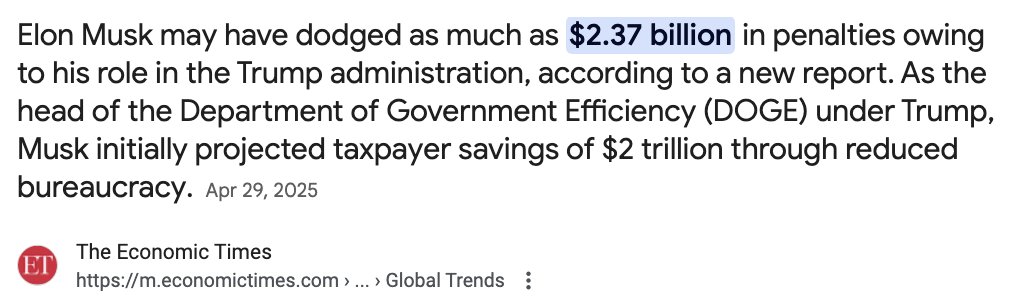 <a href="/matt_vanswol/">Matt Van Swol</a> Elon killed 20 investigations into his companies and canceled $2.37B in fines he was liable for.
He also managed to get $100s of billions in new contracts.

DOGE was a bunch of drugged up jackasses messing with people lives like it was a shoot first video game.