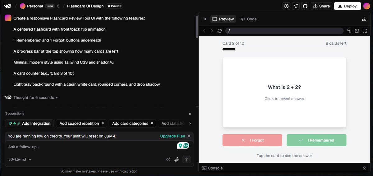 OdhiamboHamaton's tweet image. Just built a sleek Flashcard Review Tool with v0.dev—no coding, just prompts ⚡🧠 Flip cards, track progress, and study smarter with a custom UI generated in minutes. AI-powered design is the future. #v0dev #ALX_AiSK @alx_africa