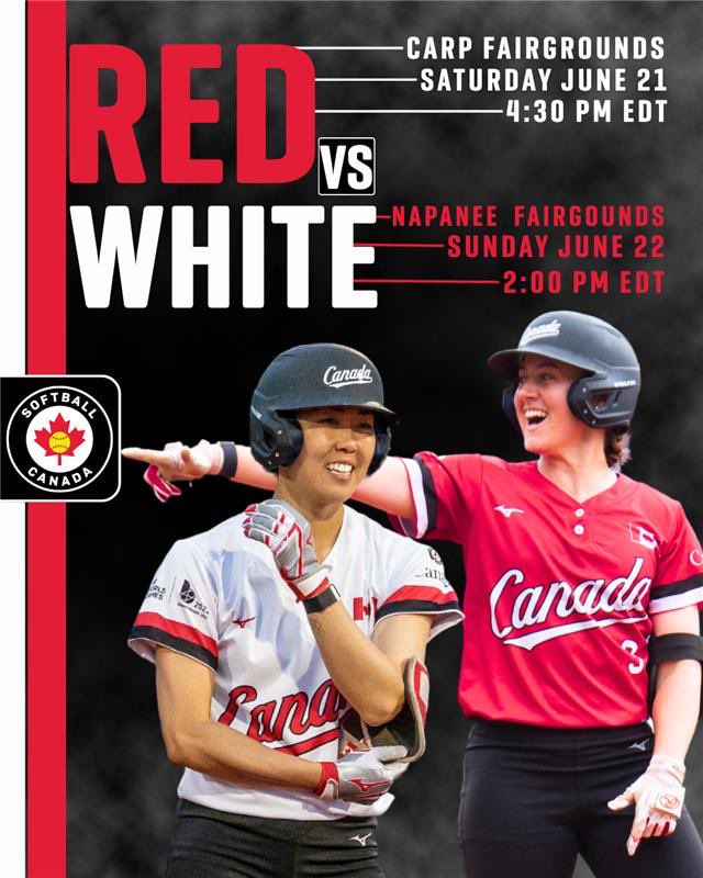SoftballCanada's tweet photo. 🔥Red vs. White Showdown! 🔴⚪️

Get ready to catch the action as our Women’s National Team athletes face off in back-to-back intrasquad matchups.

📍June 21 – Carp Fairgrounds | 🕓4:30 PM EDT

📍June 22 – Napanee Fairgrounds | 🕑2:00 PM EDT

We can’t wait to see you there!
 
🔥 Affrontement Rouge vs Blanc ! 🔴⚪

Préparez-vous à suivre l’action alors que les athlètes de notre équipe nationale féminine s’affrontent lors de deux matchs intra-équipe consécutifs.

📍 21 juin – Carp Fairgrounds | 🕓 16 h 30 HAE

📍 22 juin – Napanee Fairgrounds | 🕑 14 h 00 HAE

Nous avons hâte de vous y voir !

#SoftballCanada #TeamCanada #RedVsWhite